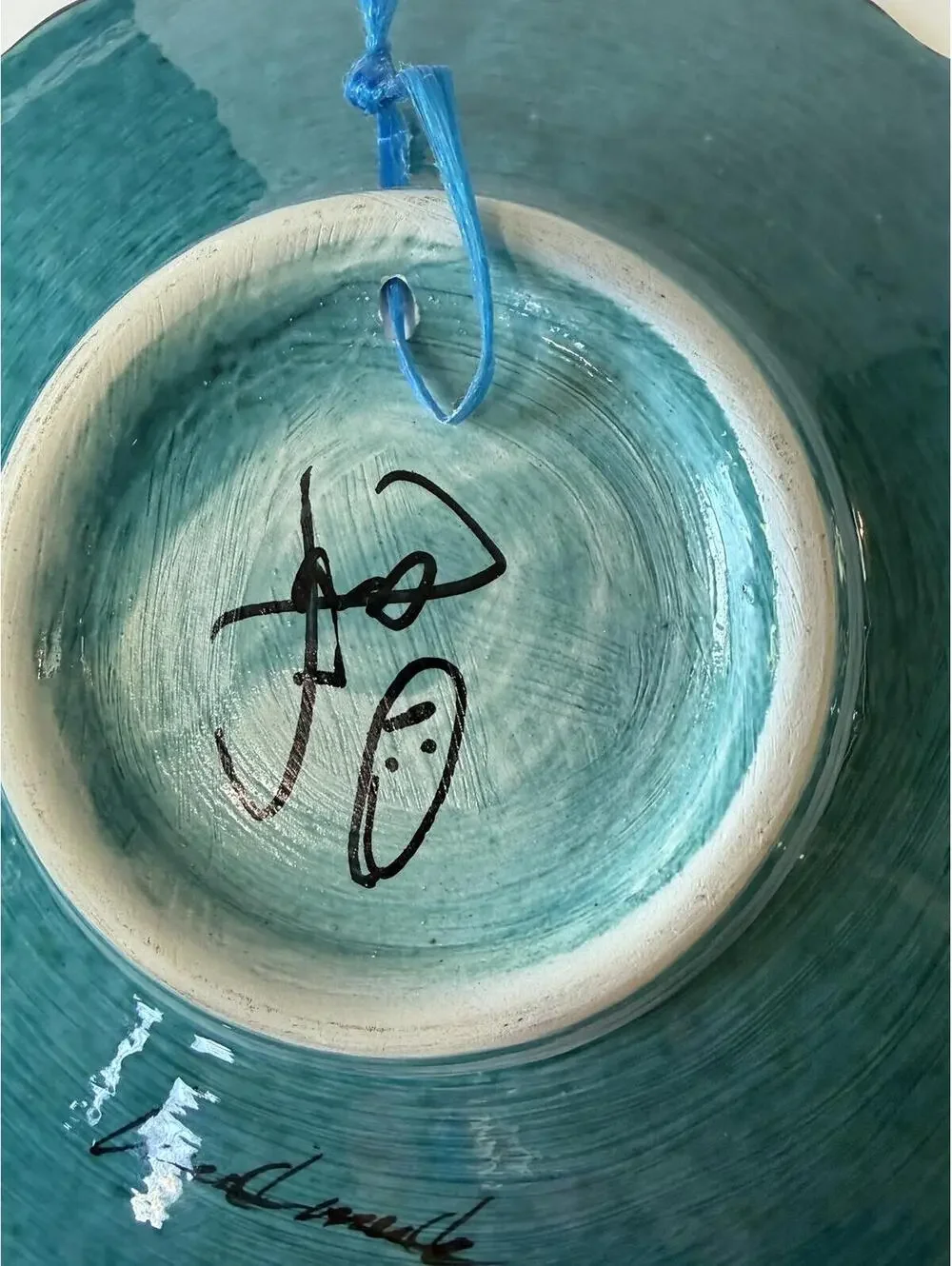 Handmade Blue Turquoise Ceramic Pottery Wall Plate Signed 7.5” Floral Art